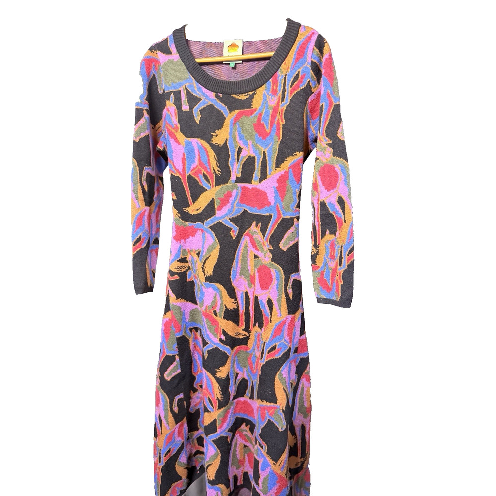 Farm Rio Wild Horses Knit Maxi Dress Graphic Equestrian Maximalist Sz Med 312587 - Picture 12 of 13